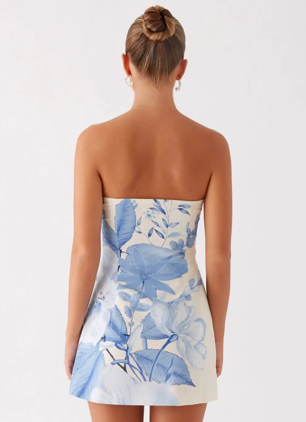 Strapless Mini Dress - Blue Floral Print