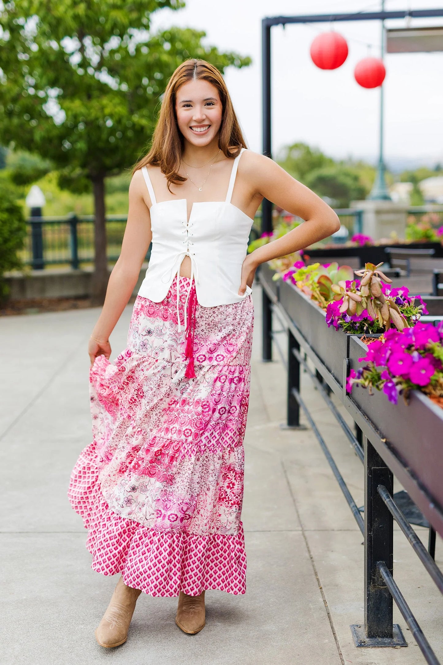 Pink Patchwork Print Skirt