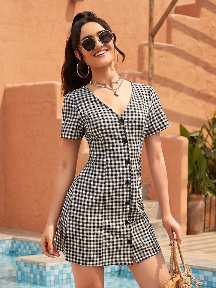 Button Front Gingham Mini Dress