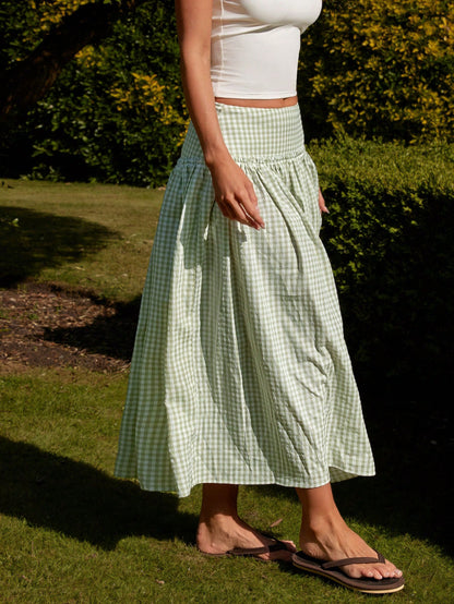 Sage Plaid Midi Skirt