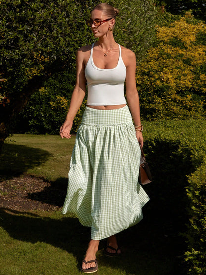 Sage Plaid Midi Skirt
