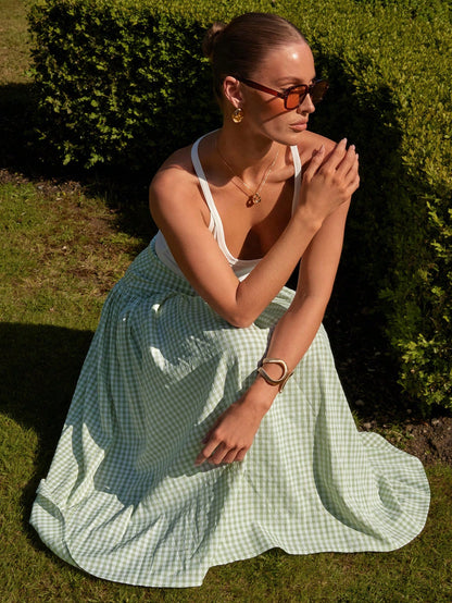 Sage Plaid Midi Skirt