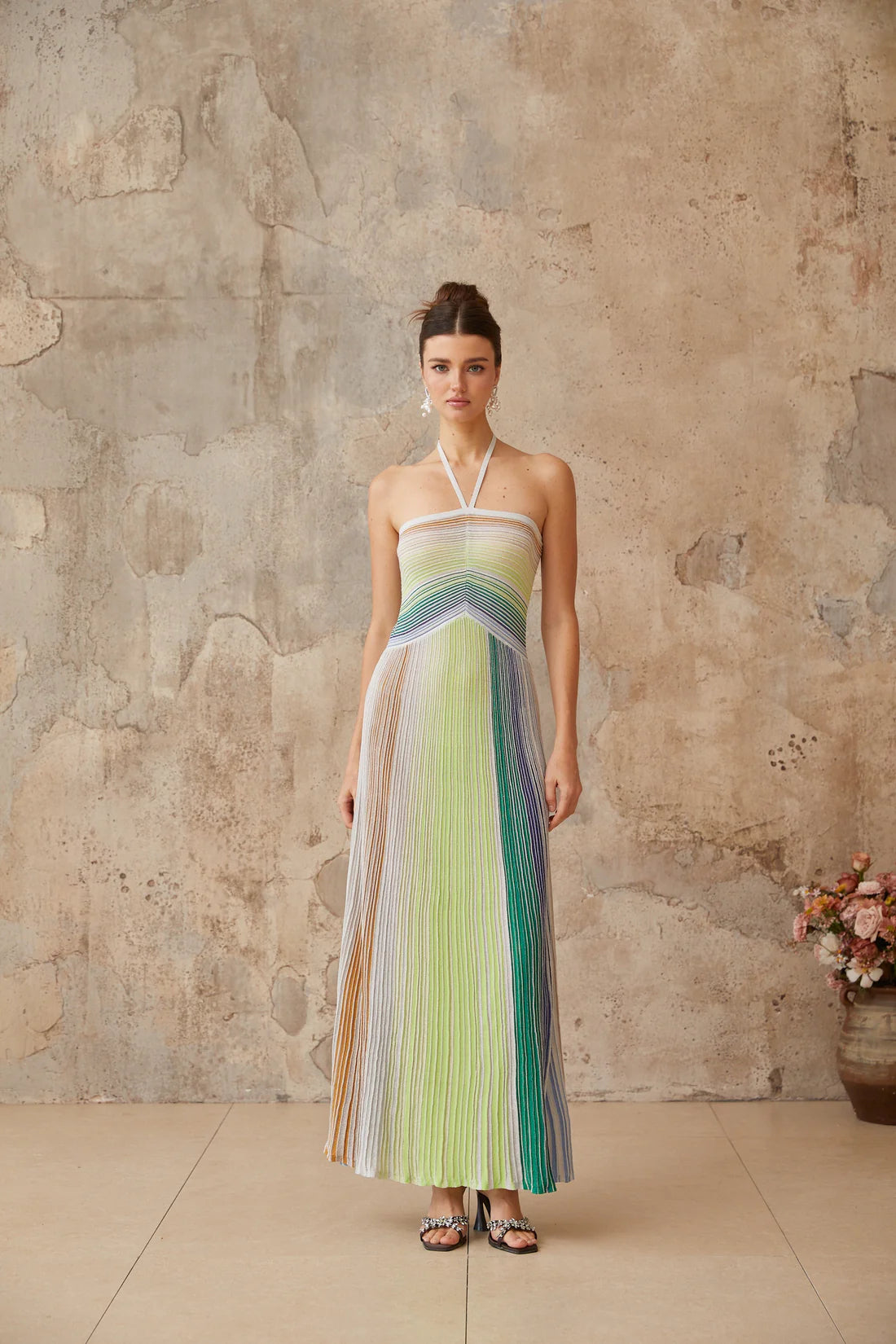 Metallic Sage Halter Neck Long Dress