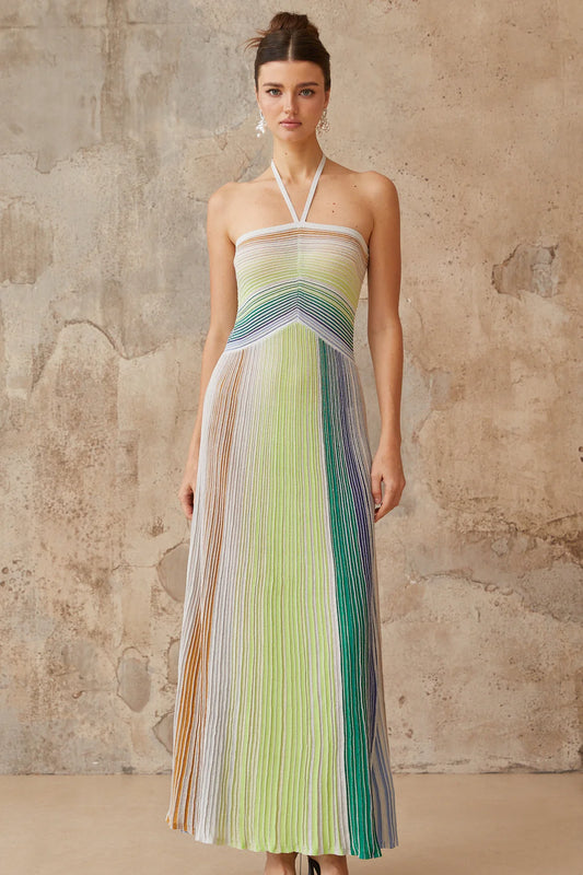 Metallic Sage Halter Neck Long Dress