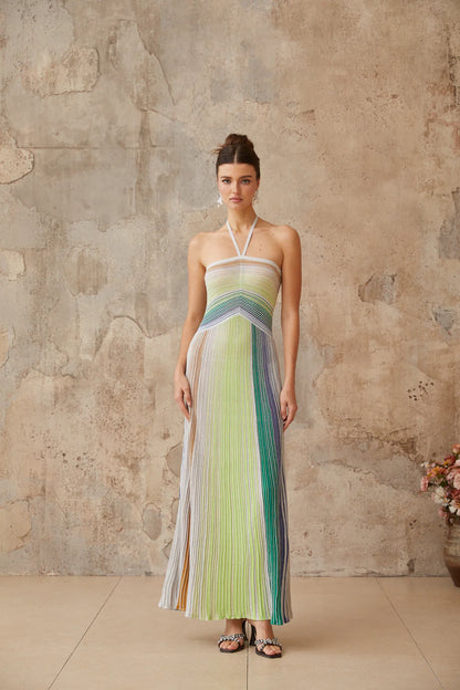 Metallic Sage Halter Neck Long Dress