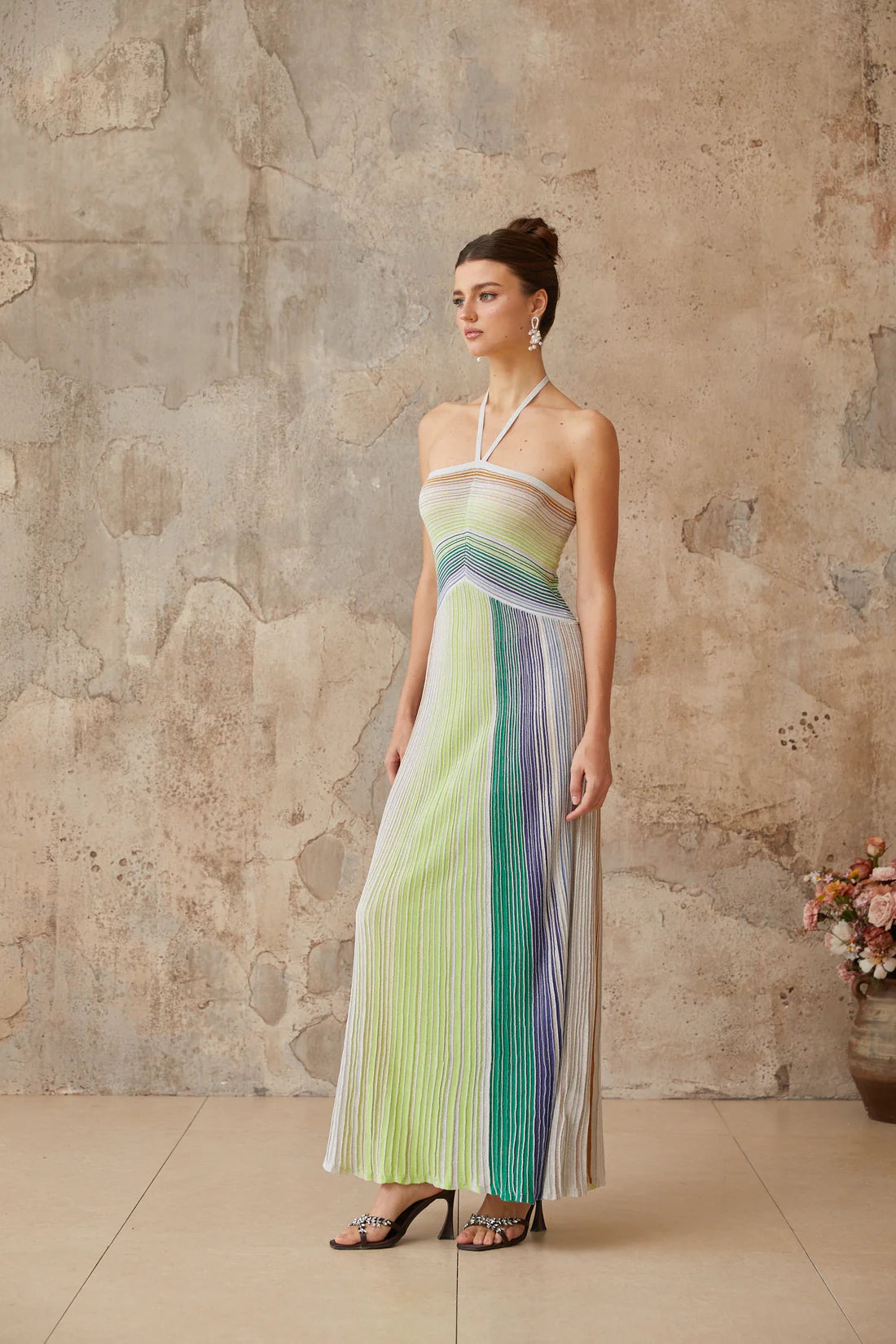 Metallic Sage Halter Neck Long Dress