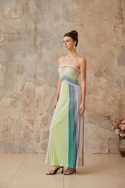 Metallic Sage Halter Neck Long Dress