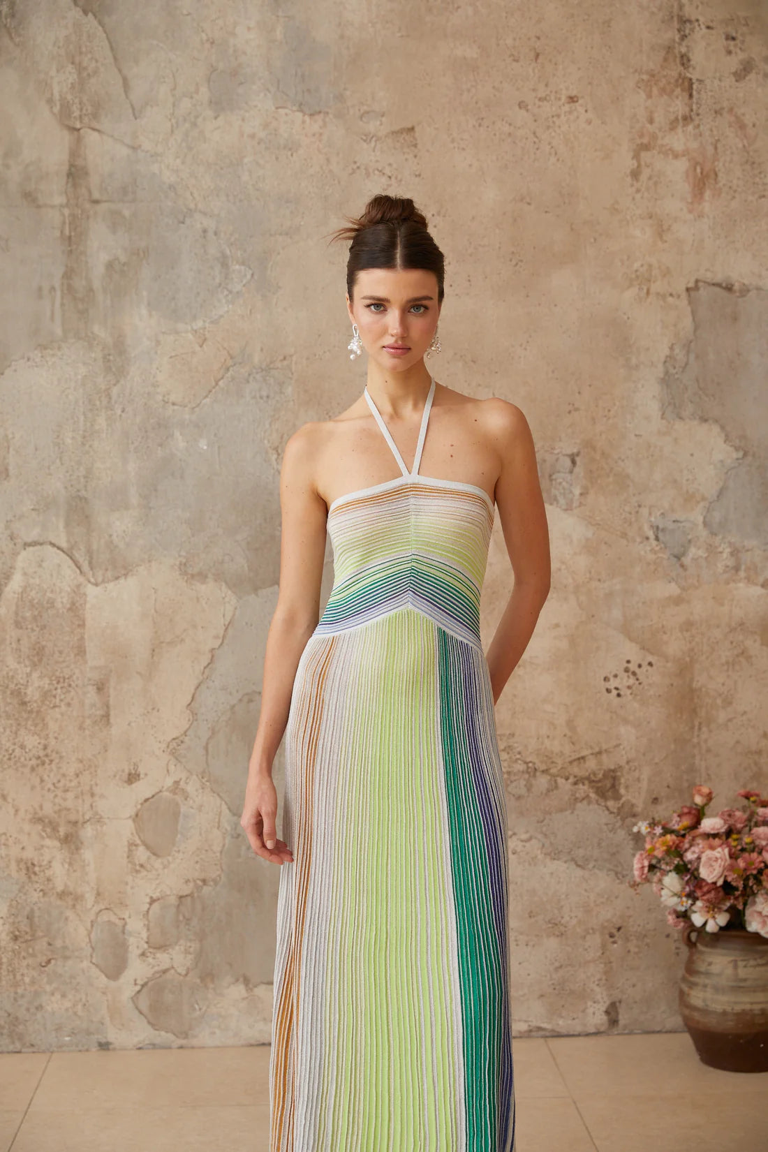 Metallic Sage Halter Neck Long Dress