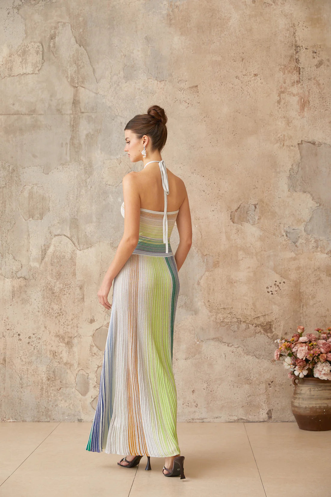 Metallic Sage Halter Neck Long Dress