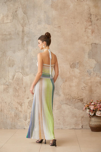 Metallic Sage Halter Neck Long Dress