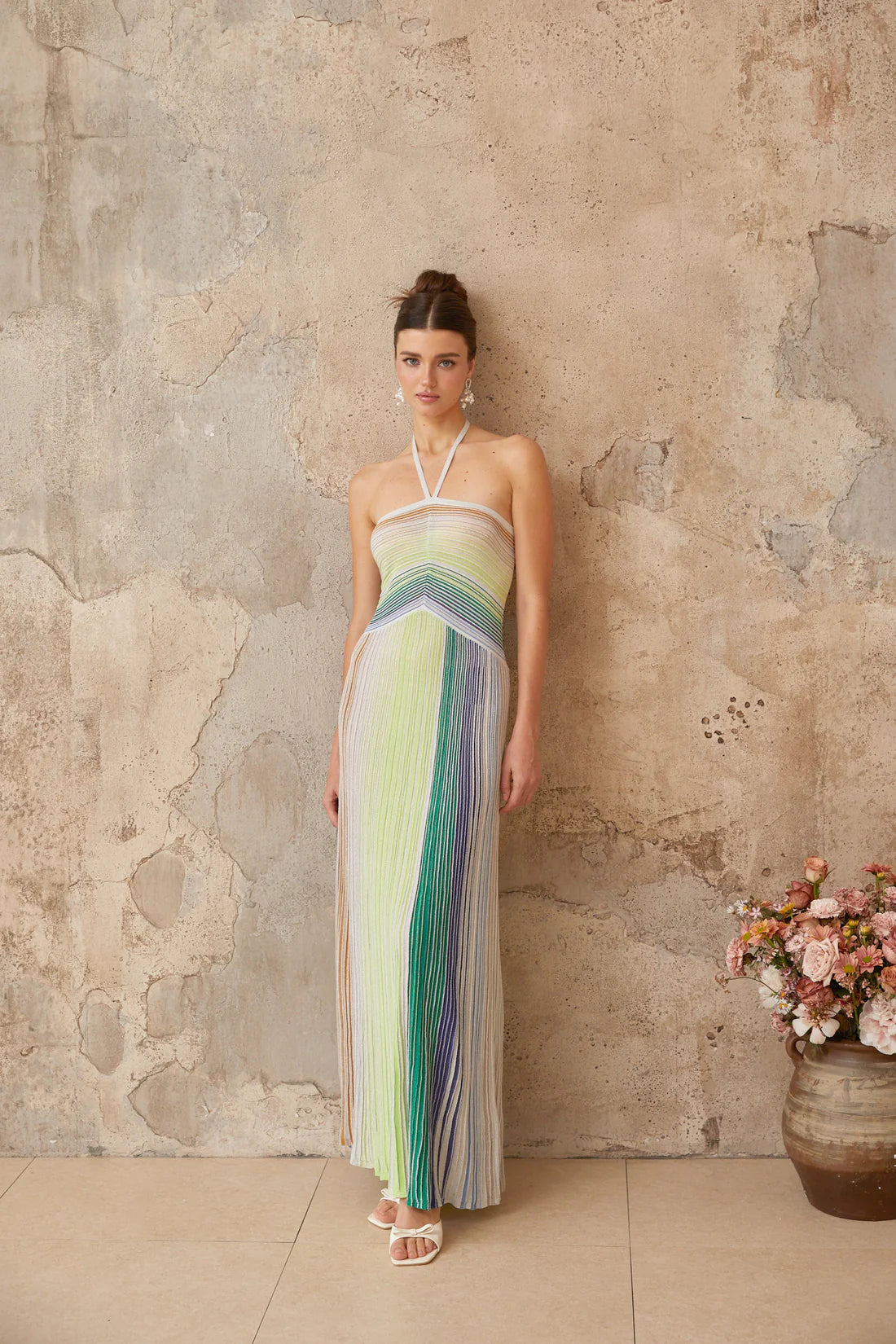 Metallic Sage Halter Neck Long Dress