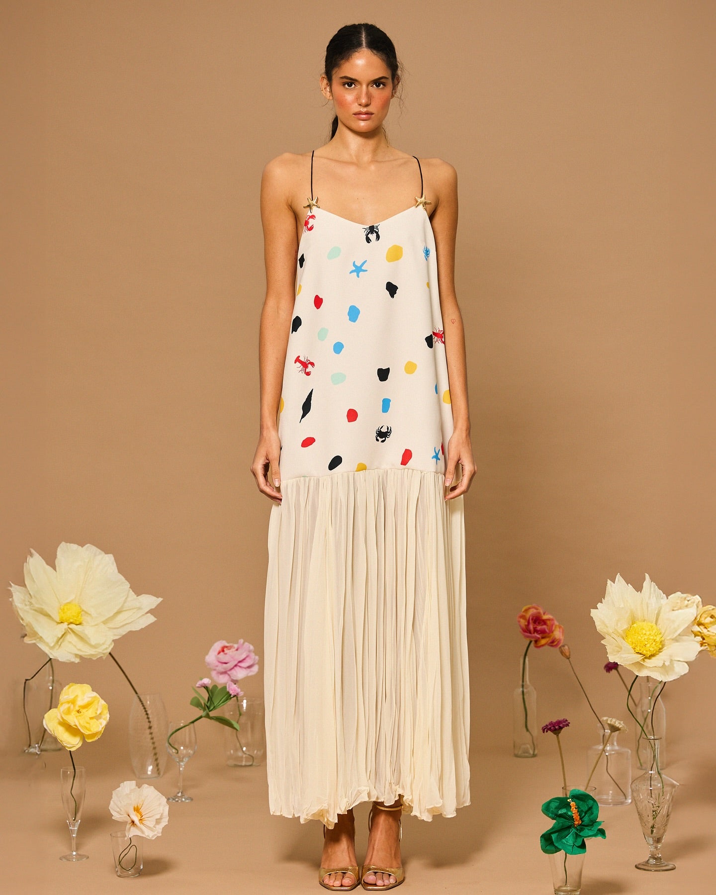 Ocean Dot Pleated  Maxi Dress