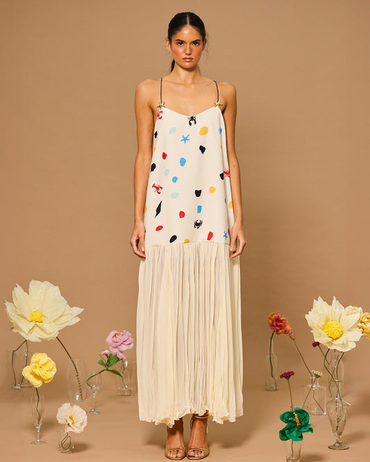 Ocean Dot Pleated  Maxi Dress