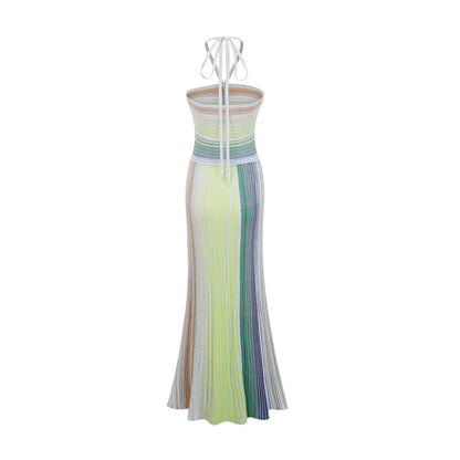 Metallic Sage Halter Neck Long Dress