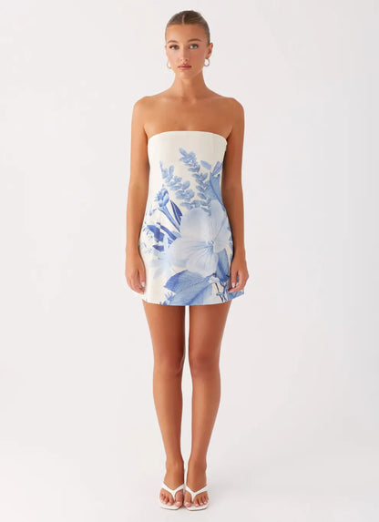 Strapless Mini Dress - Blue Floral Print