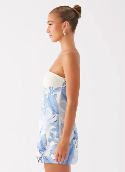 Strapless Mini Dress - Blue Floral Print