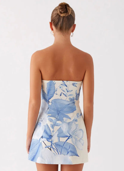 Strapless Mini Dress - Blue Floral Print