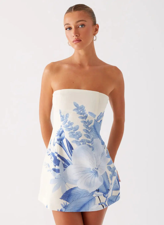 Strapless Mini Dress - Blue Floral Print