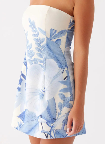 Strapless Mini Dress - Blue Floral Print