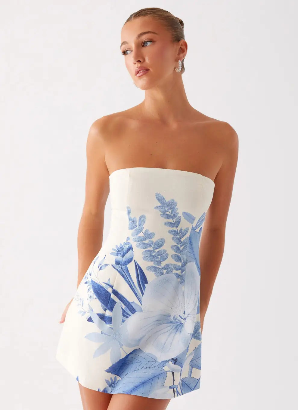 Strapless Mini Dress - Blue Floral Print