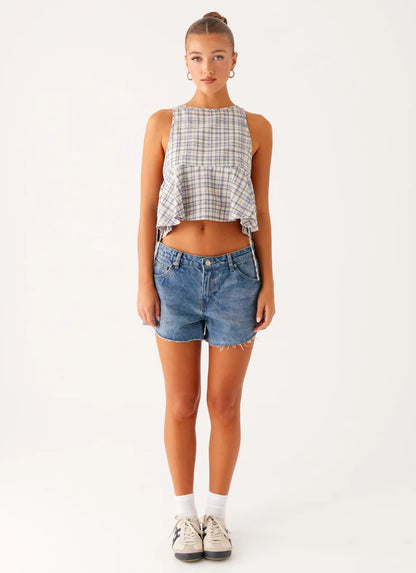 Muted Plaid Side Tie Top