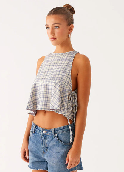 Muted Plaid Side Tie Top