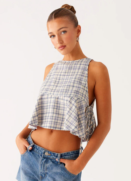 Muted Plaid Side Tie Top