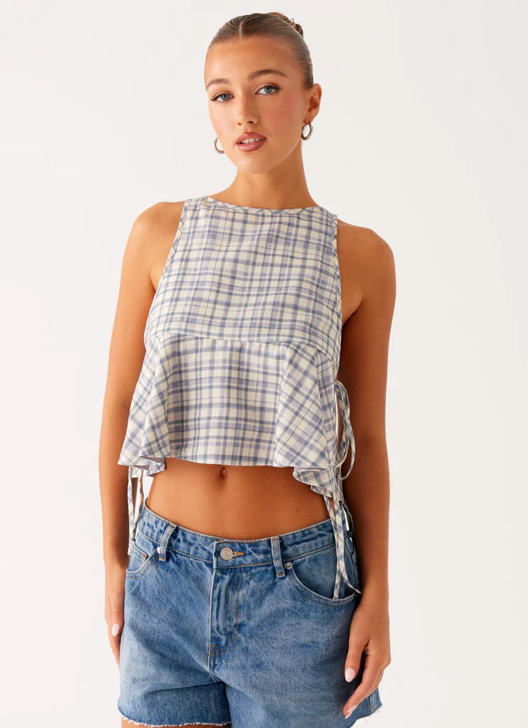 Muted Plaid Side Tie Top
