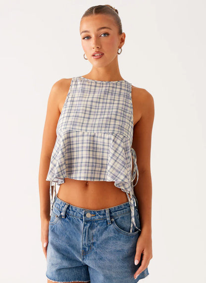 Muted Plaid Side Tie Top