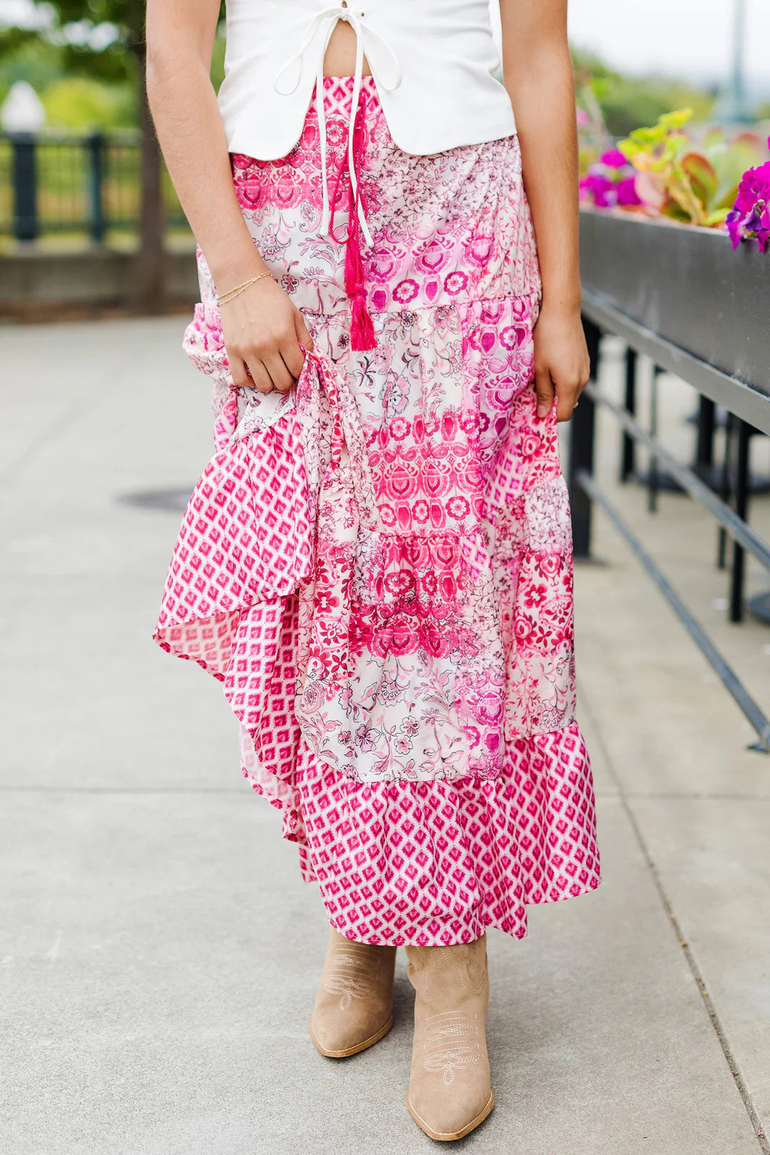 Pink Patchwork Print Skirt