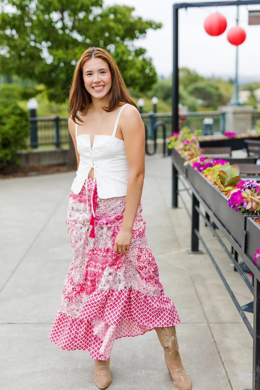 Pink Patchwork Print Skirt