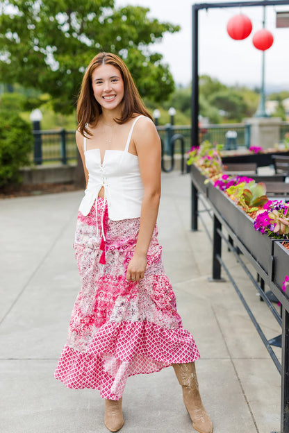 Pink Patchwork Print Skirt
