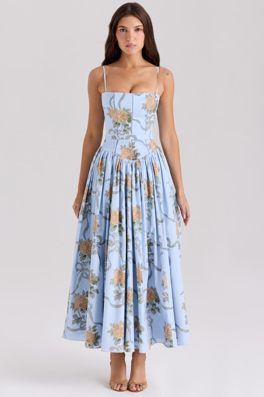 Blue Vintage Rose Print Midi Dress