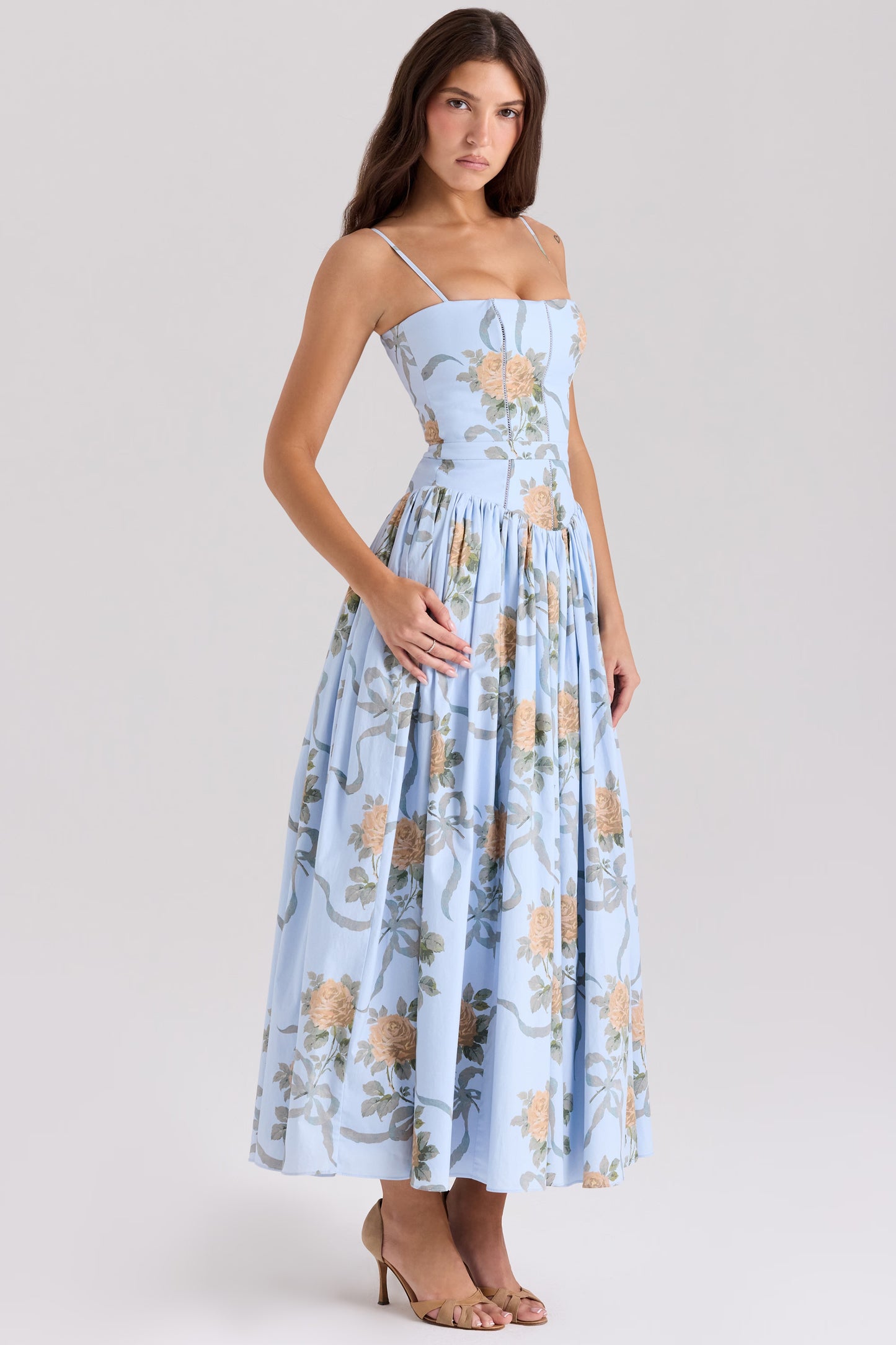Blue Vintage Rose Print Midi Dress