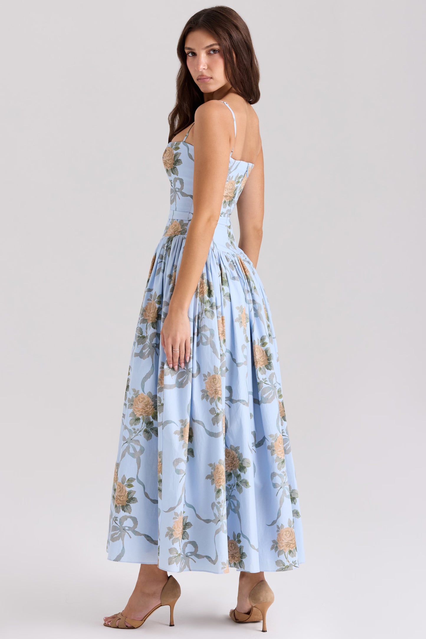 Blue Vintage Rose Print Midi Dress