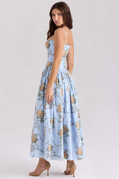 Blue Vintage Rose Print Midi Dress