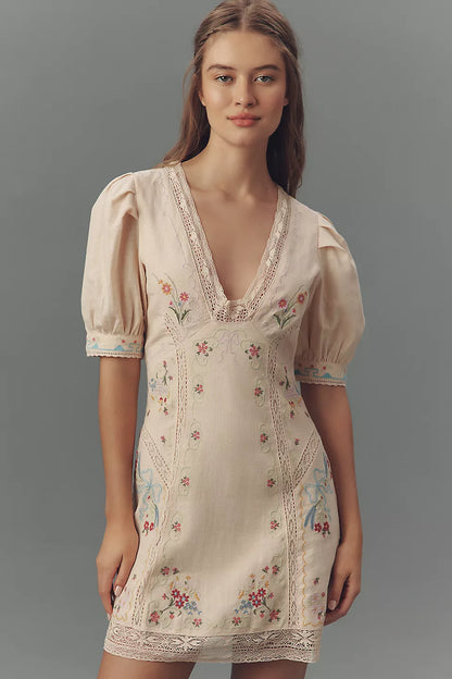 Linen Blend Puff-Sleeve V-Neck Mini Dress