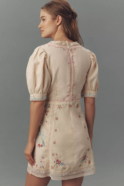 Linen Blend Puff-Sleeve V-Neck Mini Dress