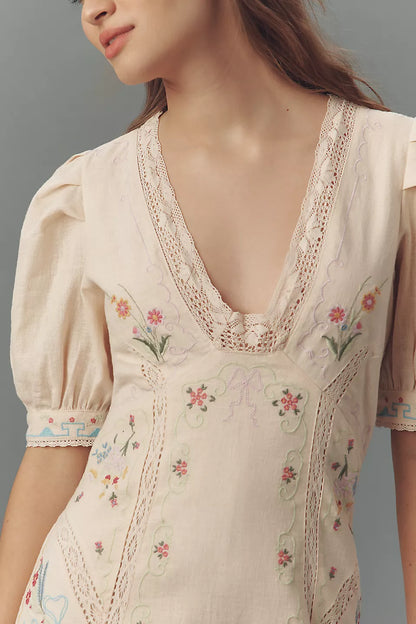 Linen Blend Puff-Sleeve V-Neck Mini Dress