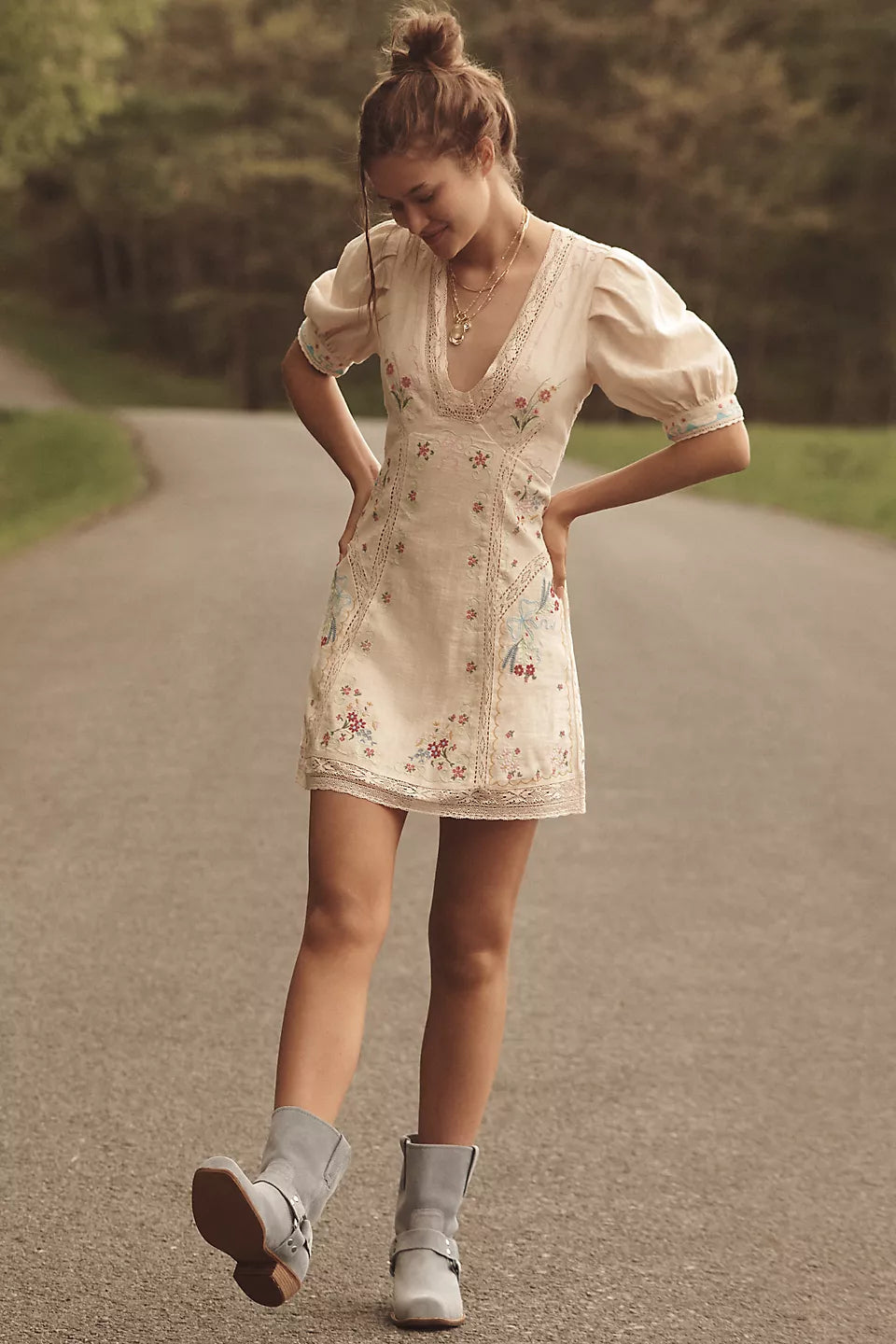 Linen Blend Puff-Sleeve V-Neck Mini Dress