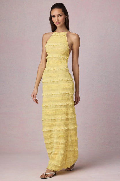 Ruffled Backless Halterneck Maxi Dress