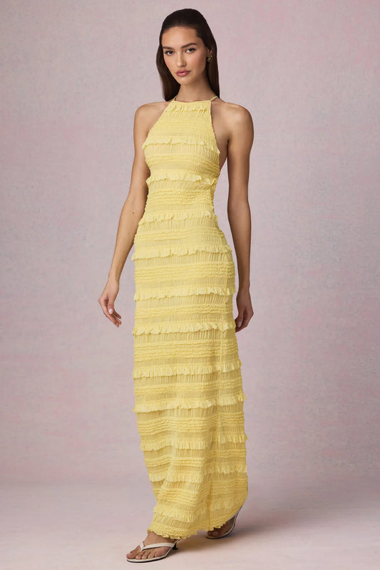 Ruffled Backless Halterneck Maxi Dress