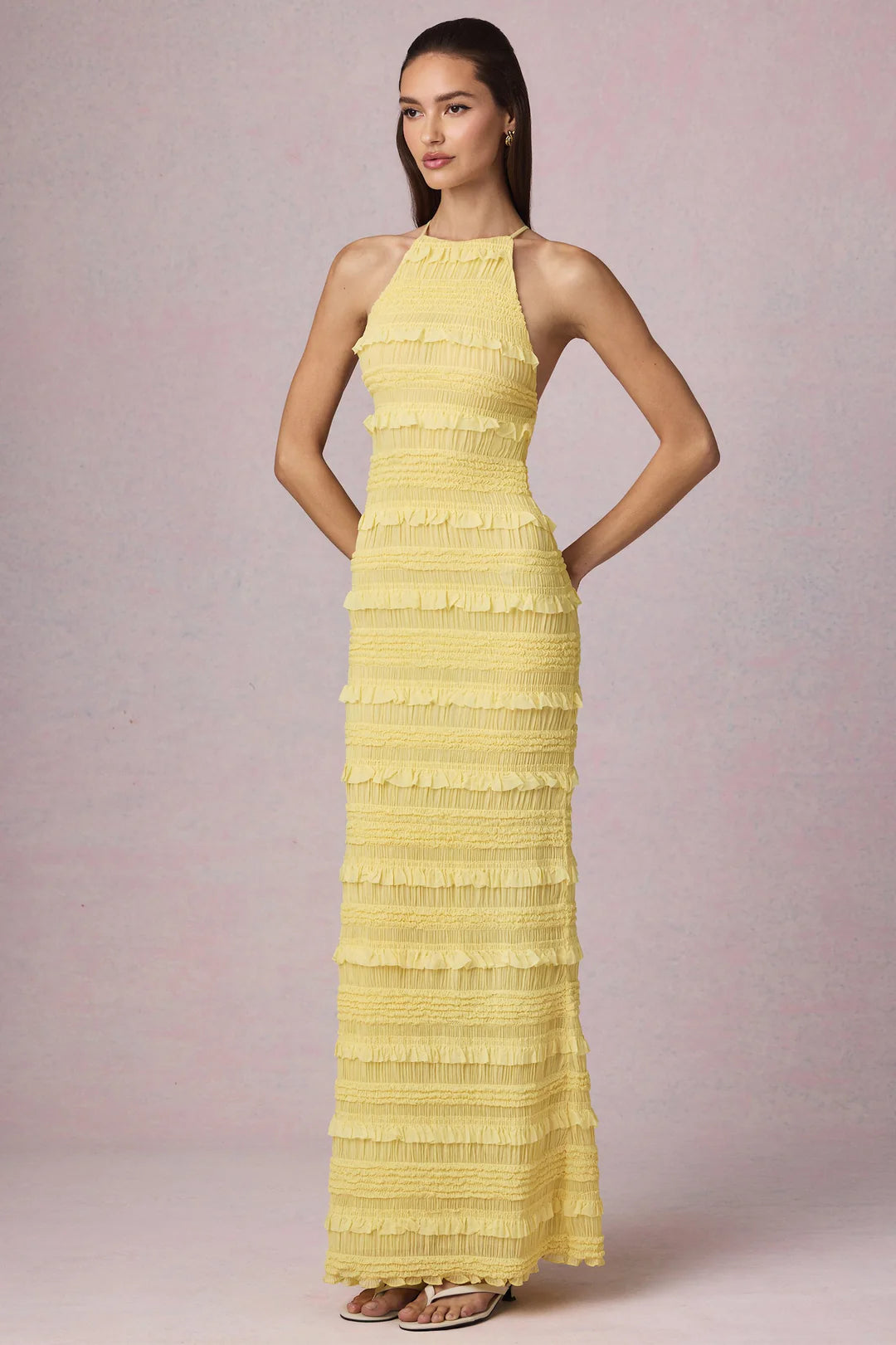 Ruffled Backless Halterneck Maxi Dress