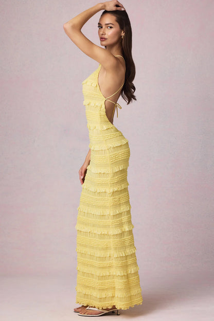 Ruffled Backless Halterneck Maxi Dress