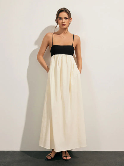 Contrast Open-Back Pocket Dress